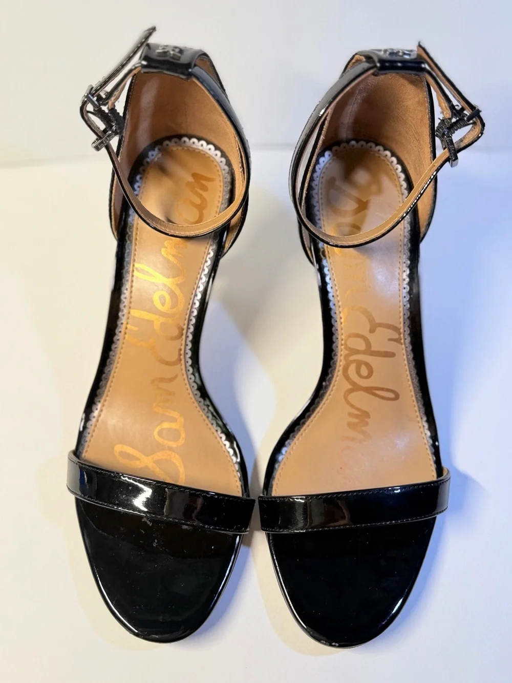 SAM EDELMAN Patti Black Patent Ankle Strap Heels, Gently worn. Size 7.